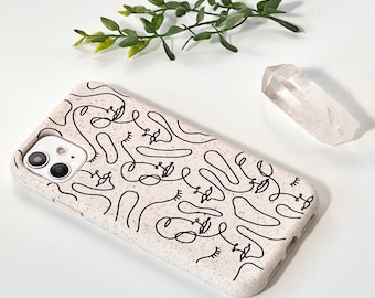 Continuous Line Art Faces Eco Friendly Biodegradable Case For iPhone 13 12 Mini 11 Pro Max 7 8 SE S21 Ultra Plastic Free Sustainable Gift