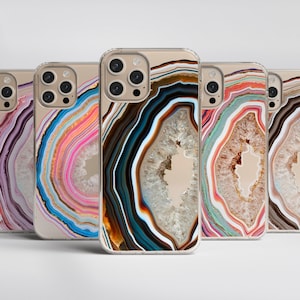 Geode Slice Print Clear Phone Cases For iPhone 16 15 14 13 Pro Max 12 Mini XR 7 8 SE Galaxy S25 S24 Pretty Agate Stone Design MagSafe Case