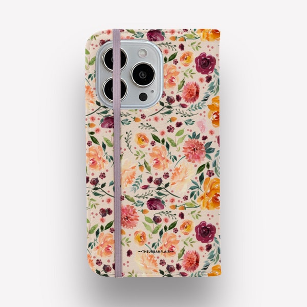 Pretty Watercolor Flowers Wallet Case For Apple iPhone 15 14 13 12 11 XS XR 7 8 SE S24 With Card Slots Vegan Leather Cute Floral Phone Case