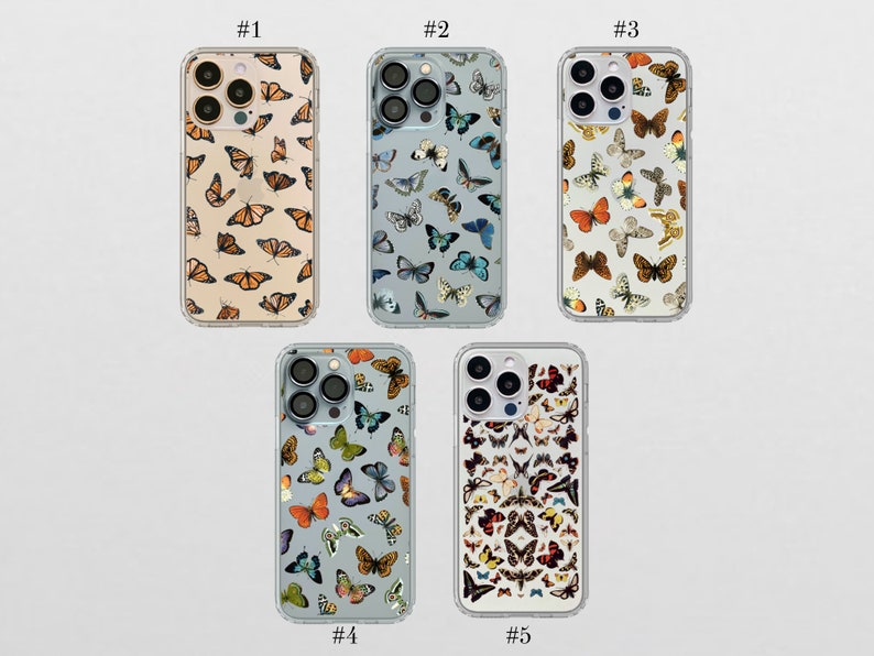May include: Five clear phone cases with different butterfly designs. The cases are all for the iPhone 13 Pro Max. The butterflies are in various colors, including blue, green, orange, and yellow. The cases are numbered 1 through 5.