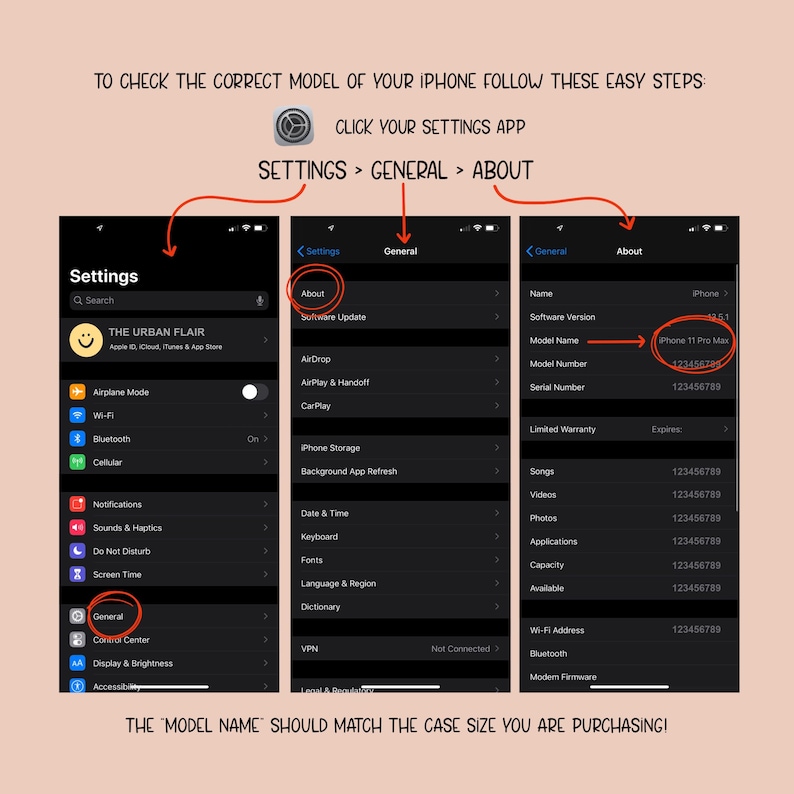 Op de afbeelding: Een screenshot van de iPhone-instellingen die laten zien hoe je de modelnaam kunt vinden. Het scherm toont de sectie "Over" met de modelnaam "iPhone 11 Pro Max" en het modelnummer "123456789".