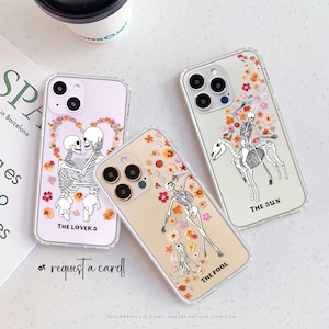 Skeleton Tarot Card Clear Phone Case With Pressed Flower Print For iPhone 16 15 14 13 12 7 8 SE 2020 XR MagSafe Case Lovers Fool Sun & More