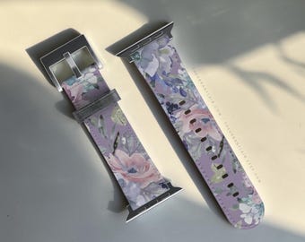 Purple Floral Apple Watch Band - Fits All Series - 38 40 41 42 44 45 46 49 mm, SE & Ultra - Vegan Leather Strap For Women