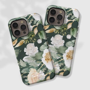 Elegant Emerald Green White Roses Phone Case | MagSafe Case For iPhone 17 16 15 14 13 12 | Cute Case With Built In Magnet