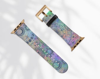 Pastel Mystic Zodiac Celestial Print Apple Watch Band Faux Vegan Leather iWatch Straps 38mm 41mm 40mm 42mm 45mm 44mm All Series