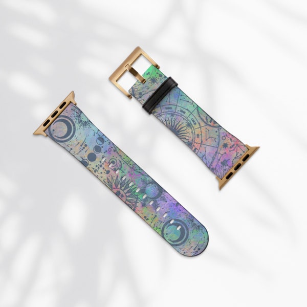 Pastel Mystic Zodiac Celestial Print Apple Watch Band Faux Vegan Leather iWatch Straps 38mm 41mm 40mm 42mm 45mm 44mm Series 3 4 5 6 7 8 9 SE