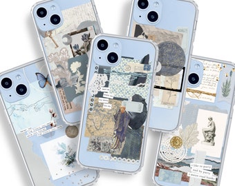 Aesthetic Collage Scrap Phone Cases For New Blue iPhone 14 and 14 Plus Clear Cases With Cute Moodboard Designs By The Urban Flair- On Sale!