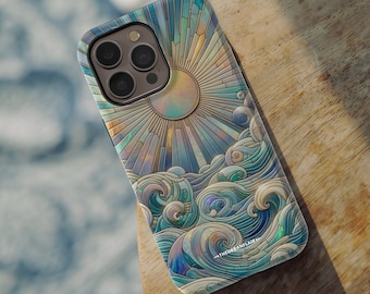 Sun Rays & Ocean Waves Stained Glass Illusion Print Tough Phone Case For iPhone 17 Air 16e 15 14 13 7 8 SE Galaxy S26 S25 Google Pixel 9 Pro