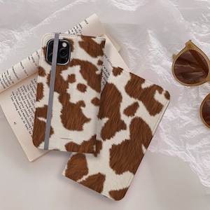 Brown Cow Print Phone Case Wallet For iPhone 16 15 14 13 12 Mini Pro Max XR XS Max 7 8 Galaxy S24 Cover With Card Slots Wallet Case