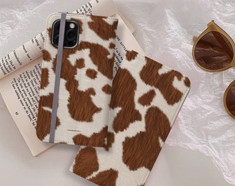 Brown Cow Print Phone Case Wallet For iPhone 15 14 13 12 Mini 11 Pro Max XR XS Max 7 8 Galaxy S24 Cover With Card Slots Wallet Case