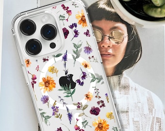 Aesthetic Sunflowers & Wild Flower MagSafe Clear Phone Case For iPhone 15 14 13 With Built-In MagSafe Magnet- On Sale!