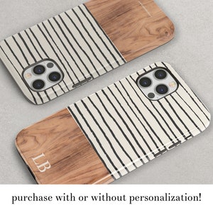 Modern Striped Wood Print Custom Phone Case For iPhone 16 15 14 13 Pro Protective Gift Name Initials Monogram Phone Cover For Mothers Day