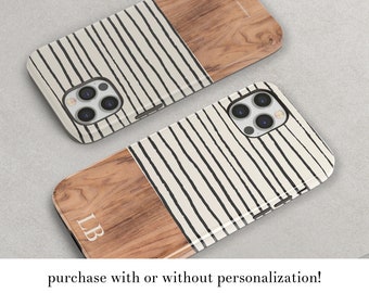 Modern Striped Wood Print Custom Phone Case For iPhone 15 14 13 Pro Protective Gift Name Initials Monogram Phone Cover For Mothers Day