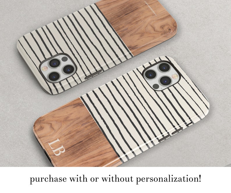 Modern Striped Wood Print Custom Phone Case For iPhone 15 14 13 Pro Protective Gift Name Initials Monogram Phone Cover For Mothers Day image 1