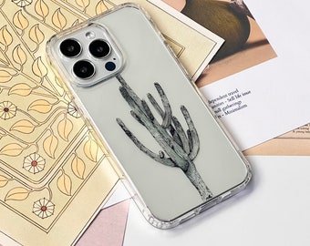 Retro Cactus Line Art Clear Phone Case For iPhone 17 Air 16e 15 14 13 7 8 SE Galaxy S26 S25 Case With Simple Design MagSafe Phone Case