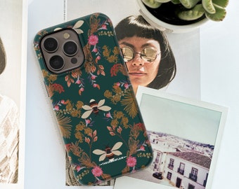 Dark Emerald Vintage Bees Phone Case For iPhone 15 14 13 12 11 X XS X 7 8 SE 2022 Galaxy S24 Google Pixel 8 7 Pro