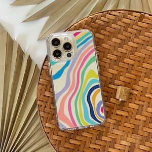 Colorful Abstract Lines Clear Case For iPhone 16 15 14 13 Pro Max 12 Mini XR 7 8 SE S24 Phone Case With Aesthetic Retro Design MagSafe