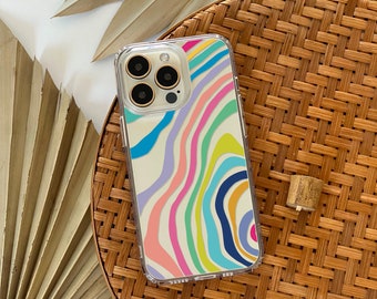 Colorful Abstract Lines Clear Case For iPhone 15 14 13 Pro Max  12 Mini  XR 7 8 SE 2022 Phone Case With Aesthetic Retro Design- On Sale!