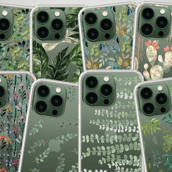 Best Phone Cases For New Alpine Green iPhone 13 Pro and 13 Pro Max, Clear Covers With Aesthetic Designs: Floral Greenery Leaves Foliage