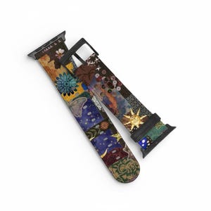 May include: Two watch bands with a patchwork design. One band features a butterfly, blue flower, and celestial elements. The other band has a sun, circles, and a watercolor-like design. The bands have black connectors.