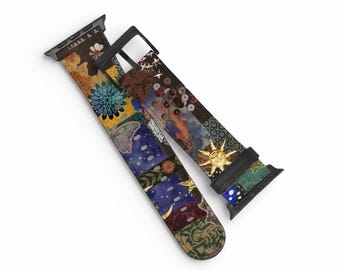 Whimsigoth Boho Collage Apple Watch Band - Fits All iWatch Series - Sizes 38mm 40mm 42mm 44mm - Women’s Vegan Leather Strap With Design