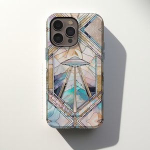 UFO Stained Glass Illusion Tough Phone Case For iPhone 16e 15 14 13 12 XS 7 8 SE Galaxy S25 Google Pixel 9 8 Pro Alien Starseed Design