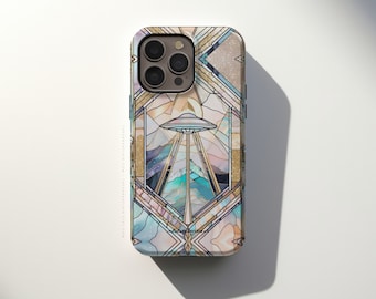 UFO Stained Glass Illusion Tough Phone Case For iPhone 15 14 13 12 XS X 7 8 SE 2022 Galaxy S24 Google Pixel 8 Pro Alien Starseed Design