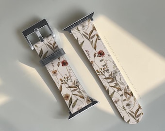 Cute Boho Flowers Apple Watch Band - Fits All Series - 38 40 41 42 44 45 46 49 mm, SE & Ultra - Vegan Leather Strap For Women