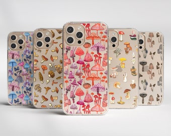 Cute Mushrooms Clear Phone Cases For iPhone 15 14 13 Pro Max 12 Mini XR 7 8 SE 2022 Galaxy S24 Aesthetic Fungi Design The Urban Flair