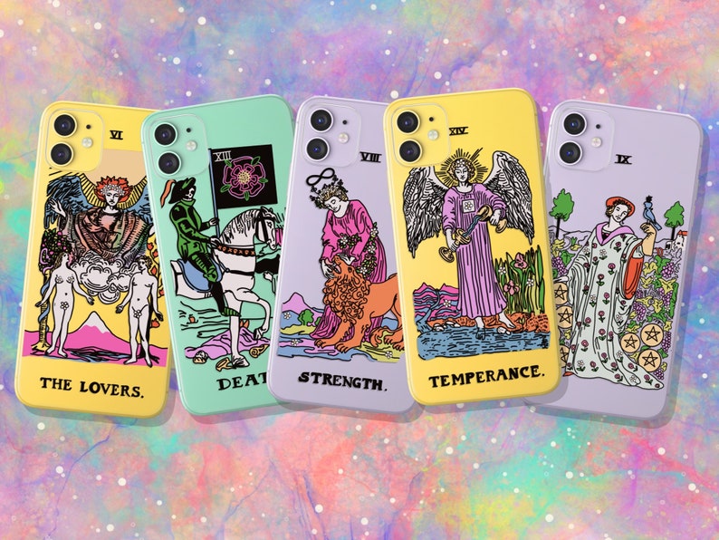 Trippy Psychedelic Aesthetic Tarot Card Case iPhone 13 12 Mini  7 8 SE 2022 XR Death Temperance Lovers Strength 9 Pentacles 