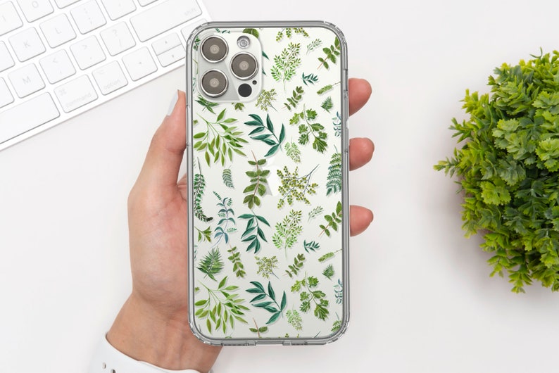 Cute Greenery Leaves Phone Case For iPhone 15 Pro 14 12 Mini 11 XR 7 8 SE 2022 Clear Cover With Simple Nature Branch Design S24 Ultra Bild 6