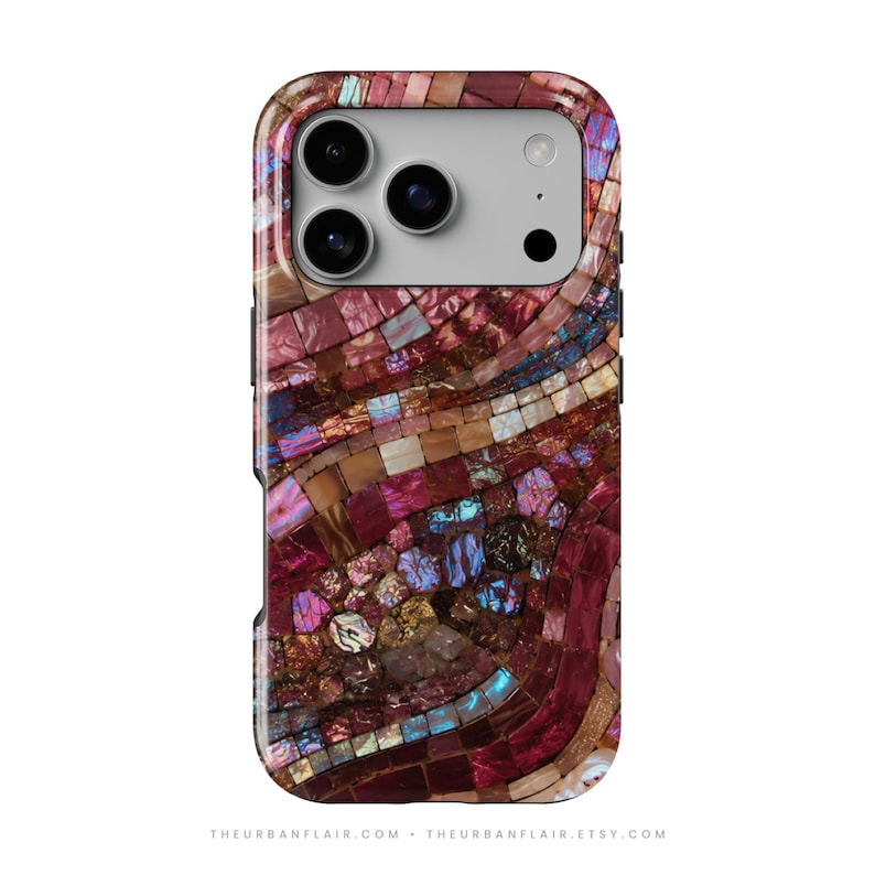 May include: A smartphone case featuring a mosaic pattern of iridescent, square-shaped tiles in shades of deep red, burgundy, and brown, with shimmering blue and purple accents. The camera module area is light gray with three circular lenses.