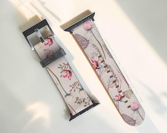 Pink Floral Apple Watch Band - Fits All iWatch Series - 38/40/41mm, 42/44/45/46mm, 49mm - Vegan Leather Strap For Women With Flowers Design