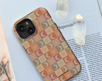 Boho Sun Moon Quilt Print Tough Phone Case For iPhone 15 14 13 12 7 8 SE 2022 Galaxy S24 Google Pixel 7 Pro With Aesthetic Design