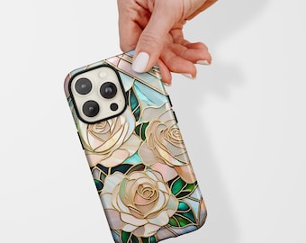 Pastel Roses Stained Glass Illusion Print Phone Case For iPhone 17 16 15 14 13 7 8 SE Galaxy S26 S25 Google Pixel 10 9 8