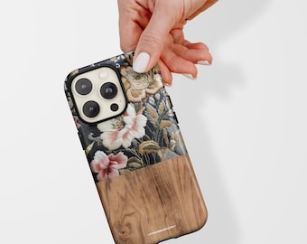 Embroidery Print Floral Wood Print MagSafe Phone Case For iPhone 17 16 15 14 13 Galaxy S26