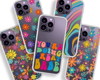 Best Phone Cases For New Deep Purple iPhone 14 Pro and 14 Pro Max Clear Cases With Colorful Retro Design Aesthetic Covers By The Urban Flair