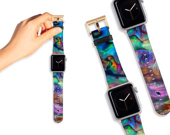 Abalone Paua Print Apple Watch Band 38mm 41mm 40mm 42mm 45mm 44mm Watch Straps Vegan Faux Leather Watch Straps Series 3 4 5 6 7 8 9 SE