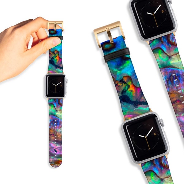 Abalone Paua Print Apple Watch Band 38mm 41mm 40mm 42mm 45mm 44mm Watch Straps Vegan Faux Leather Watch Straps Series 3 4 5 6 7 8 9 SE