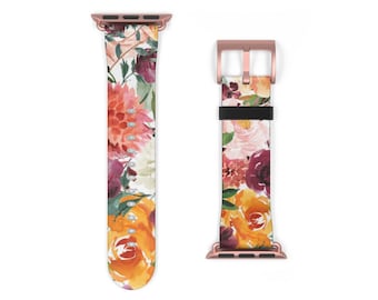 Watercolor Flower Apple Watch Band 40mm 38mm 41mm 42mm 44mm 45mm Apple Watch Straps Faux Vegan Leather Series 3 4 5 6 7 8 9 SE