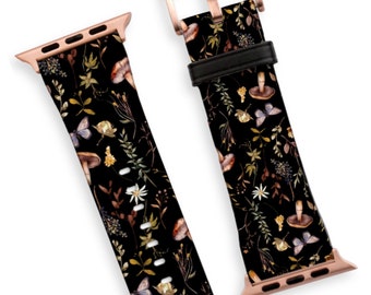 Botanical Nature Forest Apple Watch Band - Vegan Leather Strap With Mushroom Butterfly Leaf Design- On Sale!