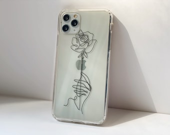 One Line Rose Phone Case For iPhone 15 Pro Max 14 13 Pro Max 12 Mini 11 XR 7 8 SE 2022 Simple Minimal Clear Phone Case With Line Art Design