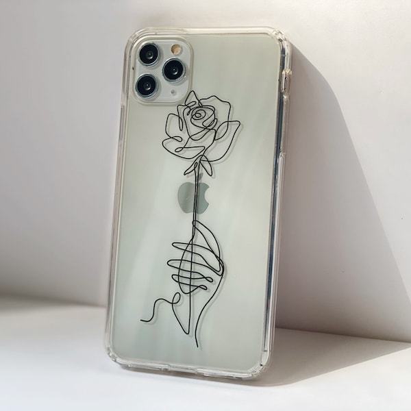One Line Rose Phone Case For iPhone 15 Pro Max 14 13 Pro Max 12 Mini 11 XR 7 8 SE 2022 Simple Minimal Clear Phone Case With Line Art Design