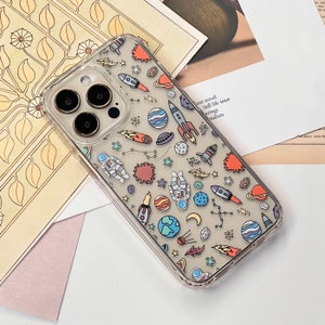 Space Astronaut Doodles Phone Case For iPhone 17 16 15 14 13 Pro Max 12 Mini XR X 7 8 SE 2022 Galaxy S25 S24 Clear Phone Case With MagSafe