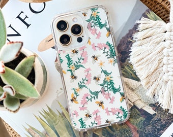 Embroidered Stitched Bees Print Phone Case For iPhone 17 16 15 14 13 7 8 SE Galaxy S26 S25