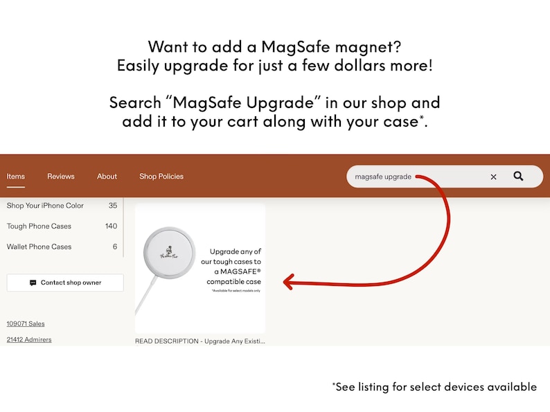 a product page for a MagSafe upgrade, which is an accessory for a smartphone. The page includes a search bar for the product and a list of items available for purchase.