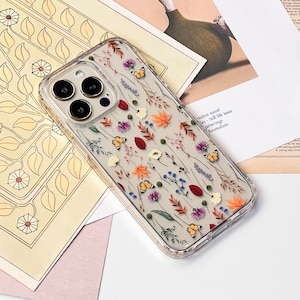 Wild Flower Nature Elements Clear Case For iPhone 16 15 14 13 Pro Max 12 Mini XR 7 8 SE Galaxy S25 With Floral Pressed Flower Design