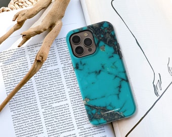 Turquoise Stone Print Phone Case For iPhone 15 14 13 12 Mini Pro Max XR XS Max 7 8 Plus SE Galaxy S24 Tough Case With Marble Design