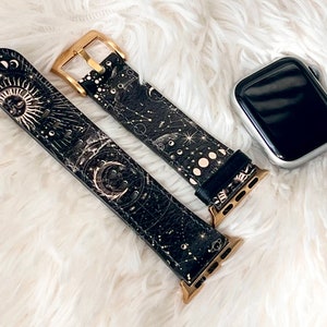 Dark Zodiac Marble Print Apple Watch Band For Women Vegan Leather Mystic Witch 38mm 40 41 42 44 45 46 49mm Series 3 4 5 6 7 8 9 10 SE Ultra