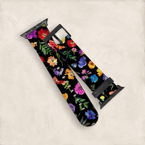 Cute & Colorful Flowers Black Apple Watch Band All Series 38mm 40mm 41mm 42mm 44mm Watch Straps For Women Vegan Faux Leather